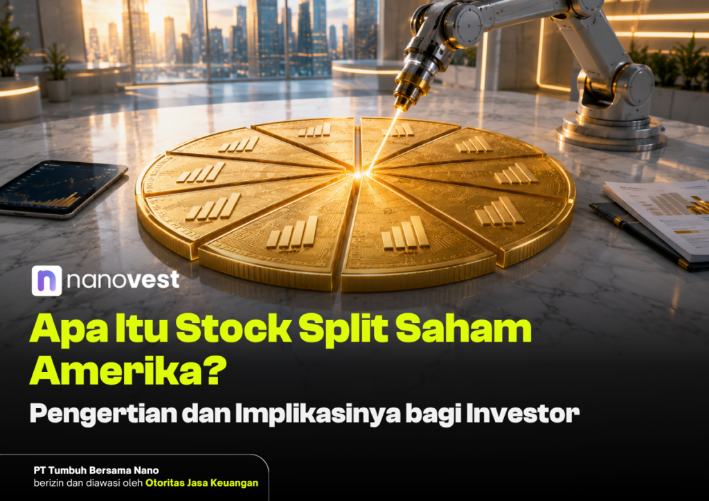Robotic arm highlights a shiny gold coin wheel representing stock split, with Nanovest branding and Indonesian headline about stock splits.