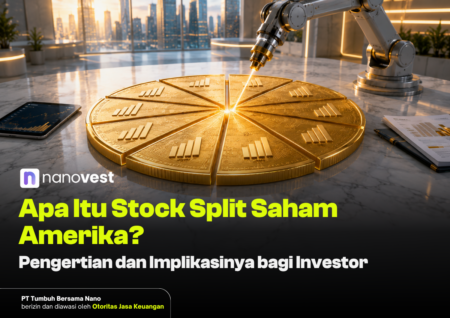 Robotic arm highlights a shiny gold coin wheel representing stock split, with Nanovest branding and Indonesian headline about stock splits.