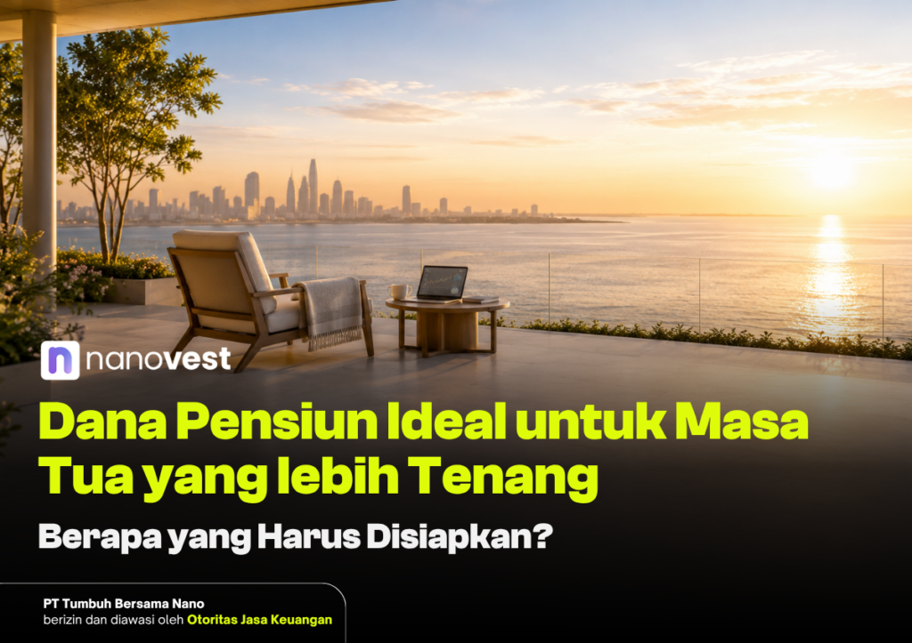 Promotional banner by Nanovest showing a sunset terrace over the water and city skyline, with a chair and laptop on a table in foreground, and bold Indonesian text about ideal pension for a peaceful old age.