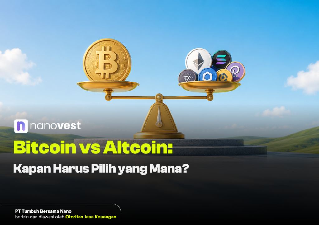 Scale balancing Bitcoin against a cluster of altcoins, with the 'Bitcoin vs Altcoin' title overlaid and Nanovest branding visible.