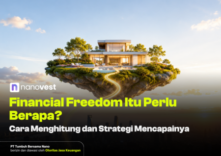 Floating island with a modern house, trees, and a glowing path above clouds; Nanovest logo and bold Indonesian headline about financial freedom.