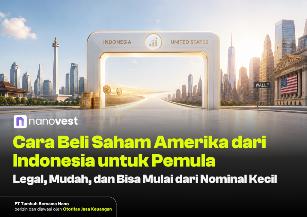 Hero image for article: futuristic city gateway with Indonesia-USA labels and bold yellow headline about buying US stocks from Indonesia for beginners