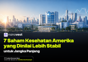 Hero image of a modern hospital campus against a city skyline, with the Nanovest logo and a bold Indonesian headline about 7 American health stocks for the long term.