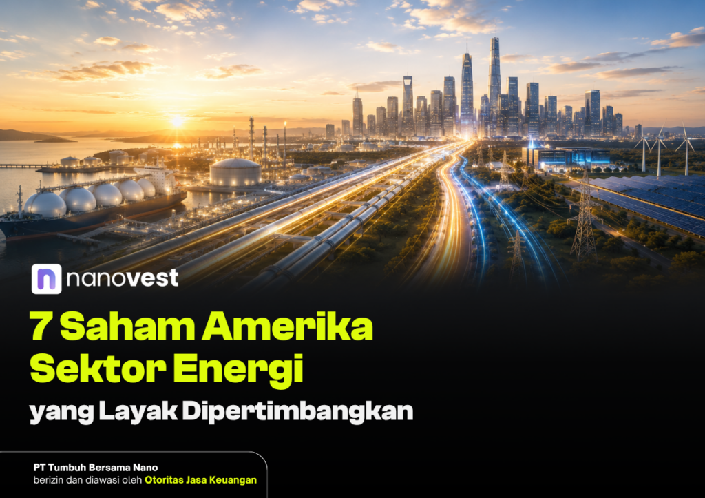 Banner promosi: kota industri futuristik dengan jalur pipa berlampu, teks investasi energi Amerika dari Nanovest di bagian bawah.