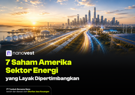 Banner promosi: kota industri futuristik dengan jalur pipa berlampu, teks investasi energi Amerika dari Nanovest di bagian bawah.