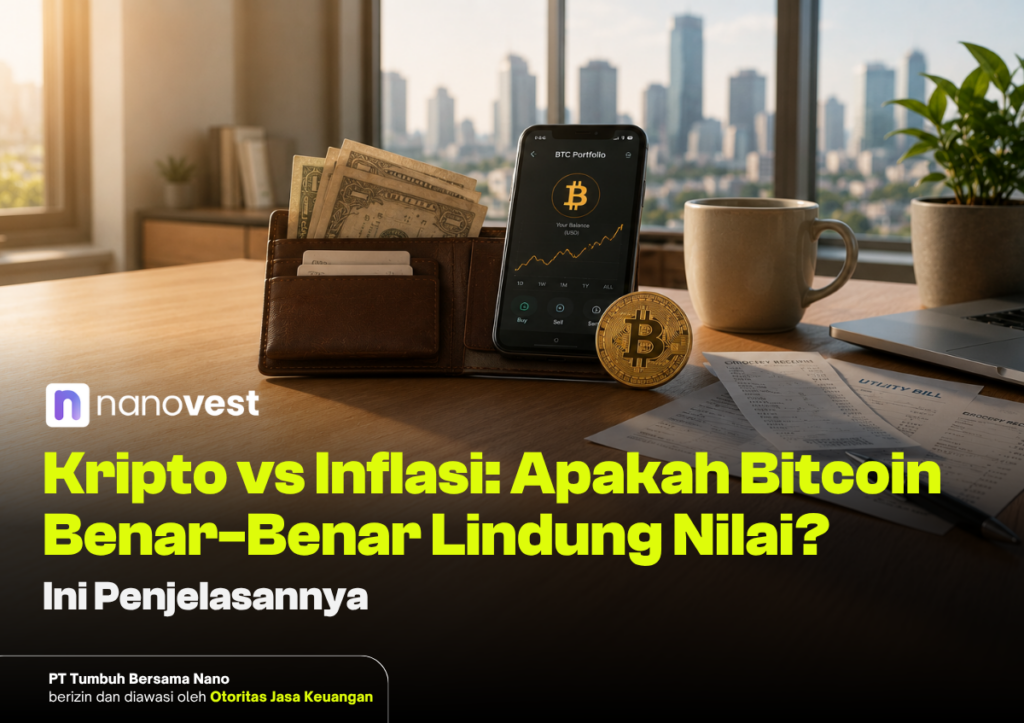 Wallet with cash, a Bitcoin coin and a smartphone displaying a BTC portfolio on a desk with a city skyline in the background (Nanovest article thumbnail).