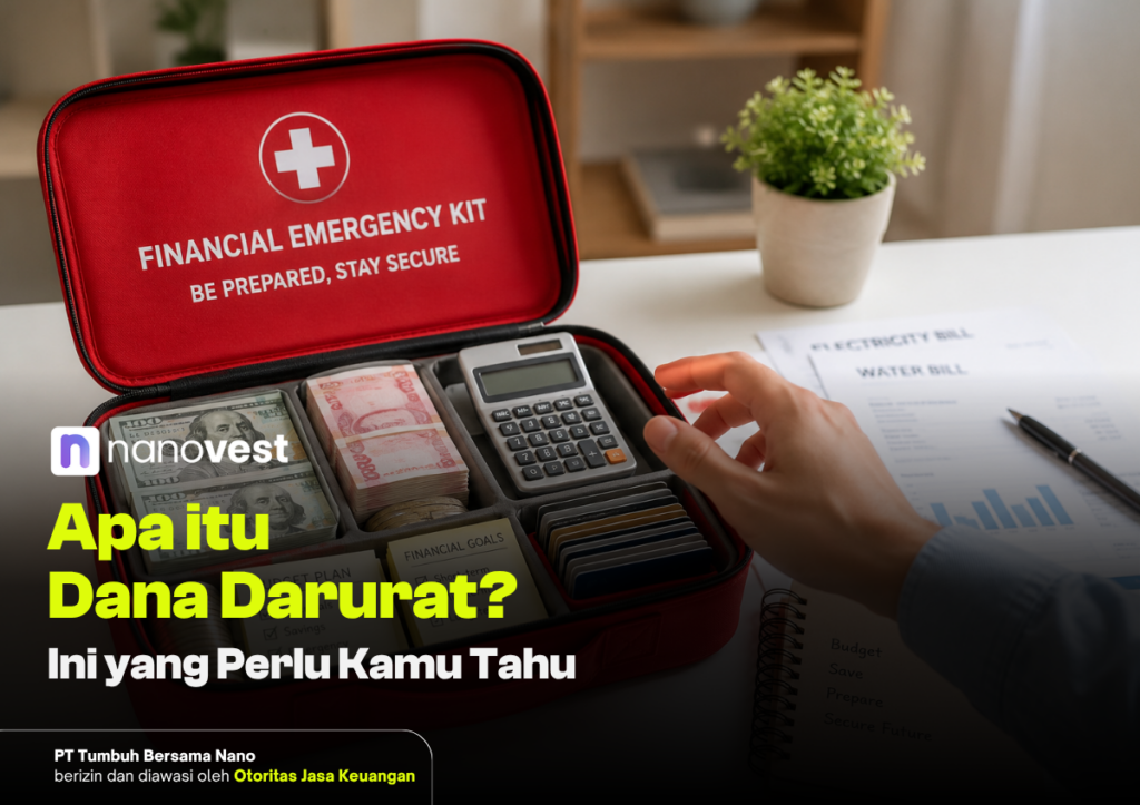 Red emergency kit opened showing cash, calculator, and index cards on a desk; header reads 'FINANCIAL EMERGENCY KIT' (informative image).