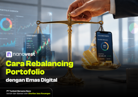 Cara Rebalancing Portofolio dengan Emas Digital Gold balance scale with coin stacks and a smartphone showing a gold investments app, set against financial charts and dashboards.