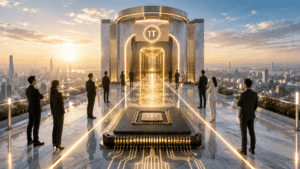 Futuristic rooftop walkway with glowing arches and a central neon circuit platform, surrounded by businesspeople overlooking a sunset cityscape.