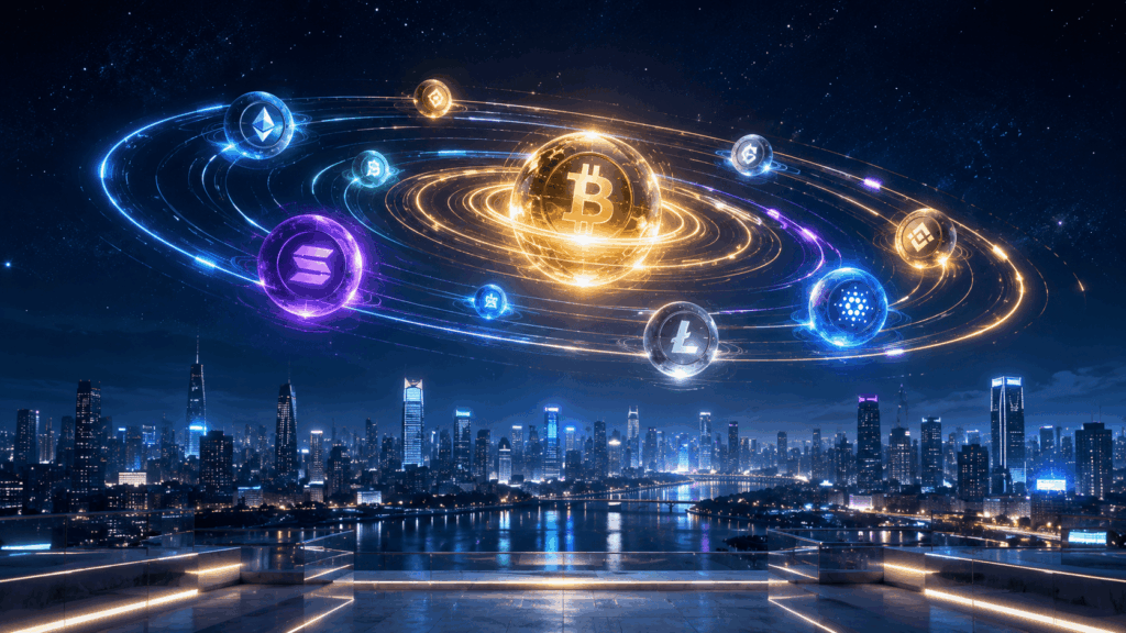 Glowing Bitcoin surrounded by orbiting crypto coins over a nighttime city skyline with neon rings and blue glow.