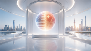 Glowing globe split between the US and China flags in a futuristic white chamber with a city skyline behind.