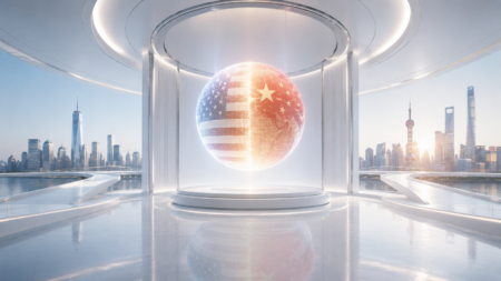 Glowing globe split between the US and China flags in a futuristic white chamber with a city skyline behind.