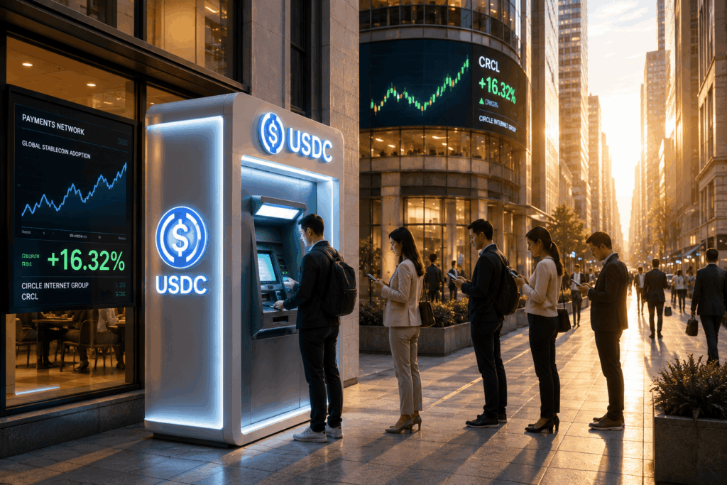 People line up at a USDC cryptocurrency ATM on a city street, with stock tickers and a glowing USDC sign nearby.