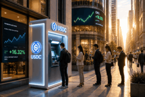 People line up at a USDC cryptocurrency ATM on a city street, with stock tickers and a glowing USDC sign nearby.