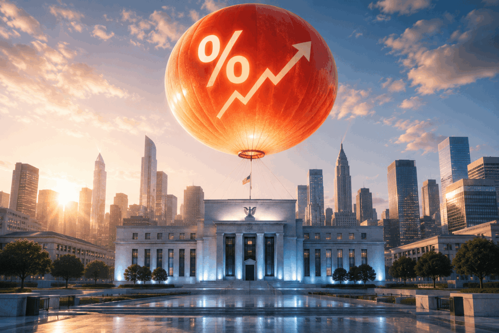 Giant orange balloon with a white percent sign and upward arrow hovering over a neoclassical government building against a city skyline at sunset/sunrise, conveying rising rates or growth.
