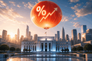 Giant orange balloon with a white percent sign and upward arrow hovering over a neoclassical government building against a city skyline at sunset/sunrise, conveying rising rates or growth.