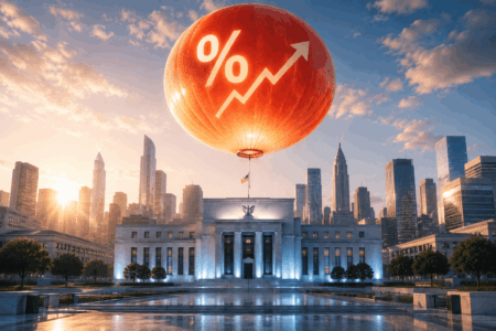 Giant orange balloon with a white percent sign and upward arrow hovering over a neoclassical government building against a city skyline at sunset/sunrise, conveying rising rates or growth.