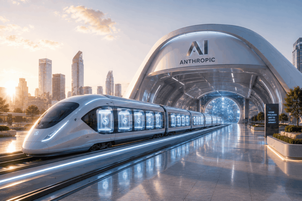 Futuristic white high-speed train at an AI-branded station with a glowing tunnel and city skyline at sunset.