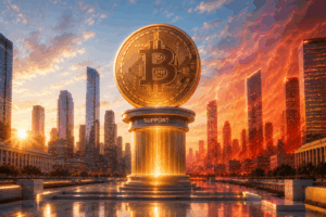 Bitcoin statue atop a glowing pedestal reading 'SUPPORT' in a futuristic city plaza at sunset.