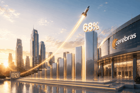 Futuristic city plaza with rising glass towers, a rocket launch arc, and a glowing 68% atop a column beside the Cerebras building at sunset.