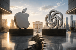 Apple logo on a pedestal beside a geometric metal sculpture, in a plaza with a cracked floor and city skyline.
