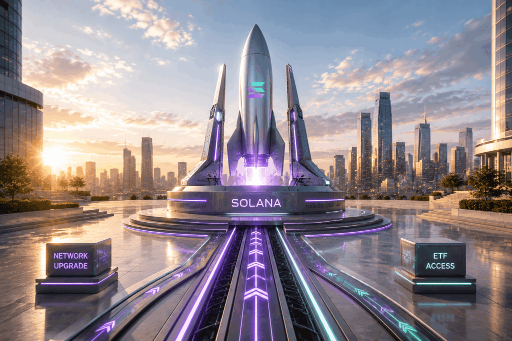 Futuristic rocket monument labeled SOLANA on a circular platform with neon purple lights, flanked by signs reading NETWORK UPGRADE and ETF ACCESS against a sunset cityscape.