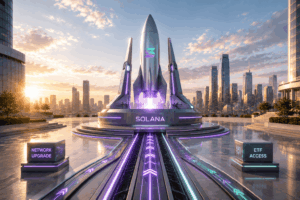 Futuristic rocket monument labeled SOLANA on a circular platform with neon purple lights, flanked by signs reading NETWORK UPGRADE and ETF ACCESS against a sunset cityscape.