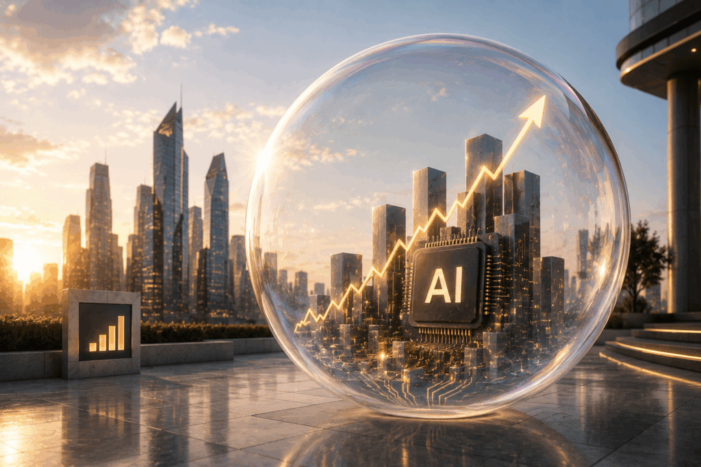 AI chip inside a glass sphere with a rising, zigzag line against a city skyline at sunset, symbolizing growth in artificial intelligence