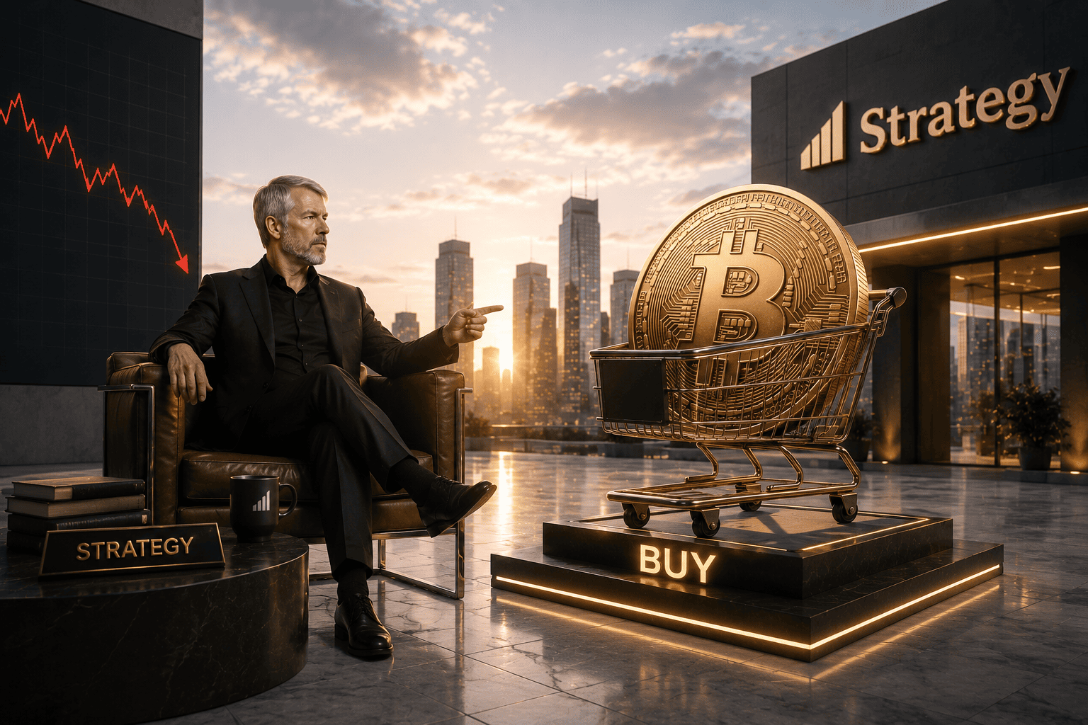 Executive sits in a modern office gesturing toward a giant Bitcoin in a shopping cart labeled BUY, with a city skyline in the background and a Strategy sign nearby.