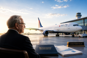 Older man in a suit sits at a desk with a Berkshire Hathaway binder, facing a Delta airplane at the gate at sunset/sunrise.