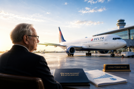 Older man in a suit sits at a desk with a Berkshire Hathaway binder, facing a Delta airplane at the gate at sunset/sunrise.