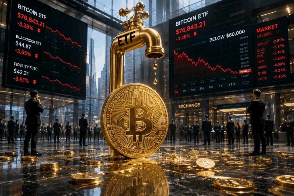 ETF Bitcoin Akhiri Inflow 5 Hari BTC Turun Giant gold Bitcoin under an ETF faucet dripping coins in a modern trading hall with bitcoin screens behind.