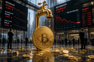 Giant gold Bitcoin under an ETF faucet dripping coins in a modern trading hall with bitcoin screens behind.