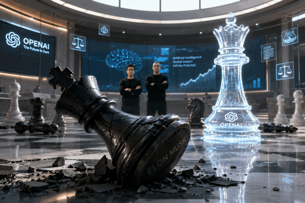 Elon Musk Kalah Gugatan Lawan OpenAI Cracked black king on a checkered floor, with a glowing translucent chess piece nearby and two people in the background with OpenAI branding and data graphs.