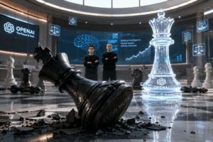 Cracked black king on a checkered floor, with a glowing translucent chess piece nearby and two people in the background with OpenAI branding and data graphs.
