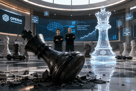 Cracked black king on a checkered floor, with a glowing translucent chess piece nearby and two people in the background with OpenAI branding and data graphs.