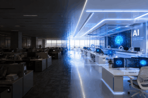 Open-plan office transitioning from dark left side to a bright, futuristic AI lab with blue neon accents and an AI sign on the wall.