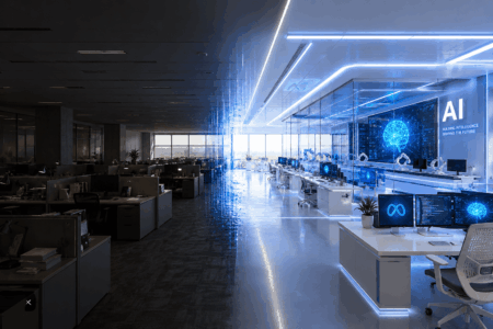 Open-plan office transitioning from dark left side to a bright, futuristic AI lab with blue neon accents and an AI sign on the wall.