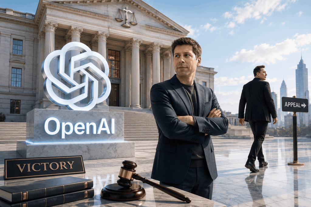 Man in a navy blazer stands with arms crossed in front of a courthouse with an OpenAI sculpture and a 'VICTORY' plaque, gavel on the desk nearby.