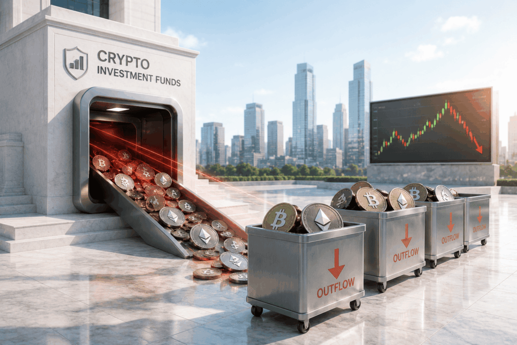Crypto investment funds facility with a coin chute pouring Bitcoin and Ethereum into 'OUTFLOW' bins as a downward-trending chart appears on a screen in the background.