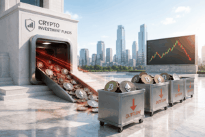 Crypto investment funds facility with a coin chute pouring Bitcoin and Ethereum into 'OUTFLOW' bins as a downward-trending chart appears on a screen in the background.