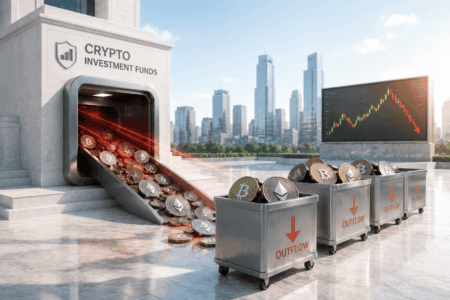 Crypto investment funds facility with a coin chute pouring Bitcoin and Ethereum into 'OUTFLOW' bins as a downward-trending chart appears on a screen in the background.