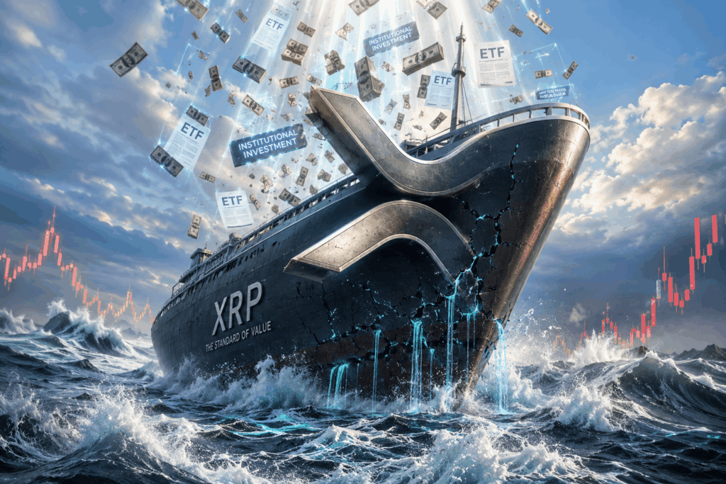 A large ship labeled XRP cracks through rough seas as money and ETF papers fly above, symbolizing a financial surge or crash in crypto.