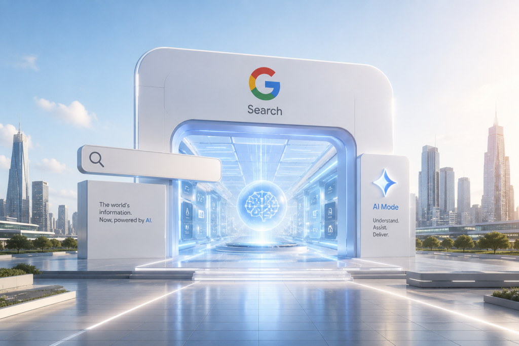 Futuristic Google Search entrance with a glowing AI brain hub, city skyline in the background, and 'AI Mode' panel on the right.