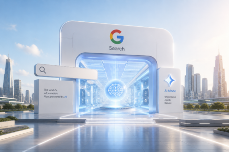 Futuristic Google Search entrance with a glowing AI brain hub, city skyline in the background, and 'AI Mode' panel on the right.