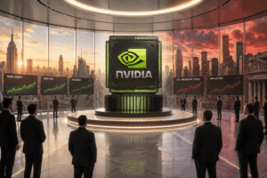 Futuristic boardroom with a large Nvidia chip logo on a pedestal and stock charts on screens around a city skyline sunset.