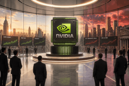 Futuristic boardroom with a large Nvidia chip logo on a pedestal and stock charts on screens around a city skyline sunset.