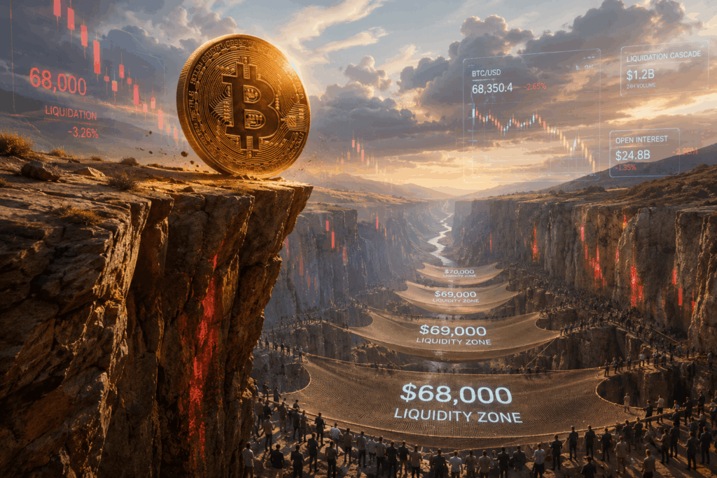 Bitcoin coin perched on a rocky cliff overlooking a canyon with digital financial overlays showing liquidity zones and market data in the sky.