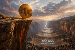 Bitcoin coin perched on a rocky cliff overlooking a canyon with digital financial overlays showing liquidity zones and market data in the sky.