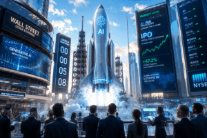 Futuristic stock exchange plaza with a rocket launch amid holographic AI charts and traders analyzing screens, centered under a bright sky.